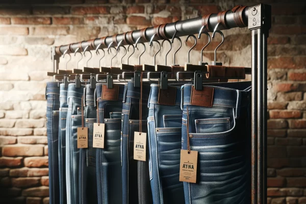 DALL·E 2024-05-22 01.03.54 - A highly realistic photograph of denim jeans hanging on a rack, with leather straps and metal hooks. The jeans are neatly arranged, showcasing differe